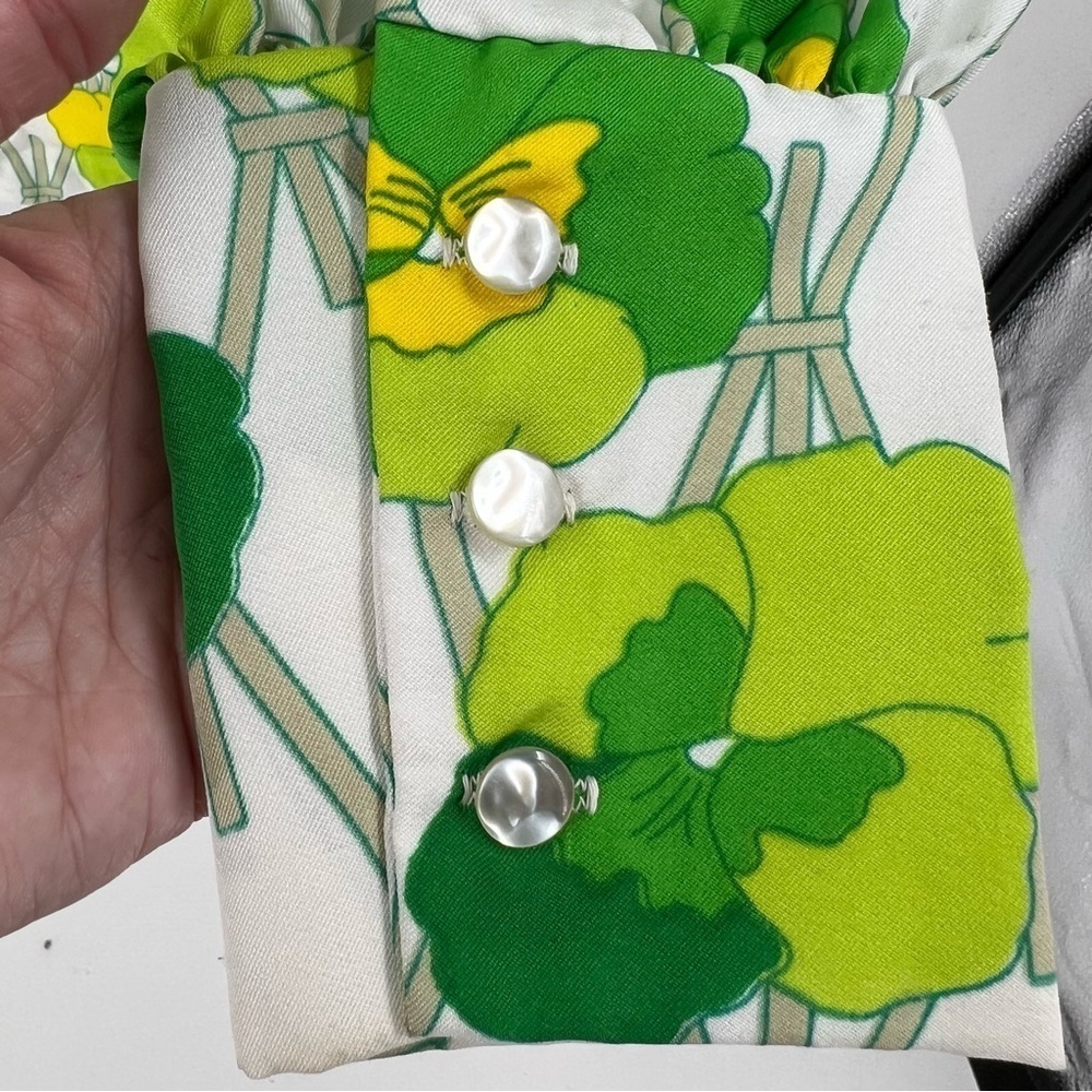✅ VINTAGE LEE MAR BLOUSE FLORAL GREEN/WHITE/YELLOW SIZE 14 FULL BUTTON FRONT - Picture 2 of 11